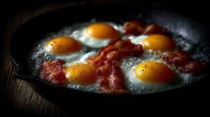 Fried eggs and crispy bacon on cast iron pan