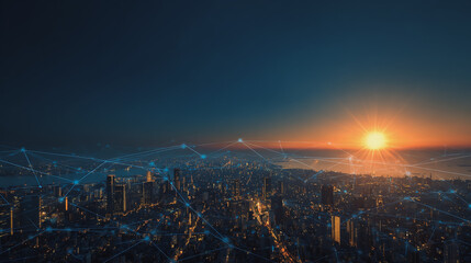 Obraz premium Sunshine in the Smart digital Innovation city with connection network reciprocity over the cityscape. of future smart wireless digital city and social media networking systems that connects
