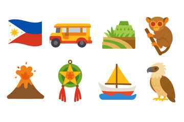 Philippines flat icon set. featuring flag, jeepney, rice terraces, tarsier, volcano, parol, boat, and eagle symbols