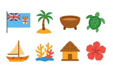 Obraz premium Fijian culture flat icon set. featuring flag, palm, kava bowl, turtle, boat, coral, bure, and hibiscus symbols