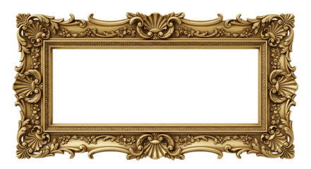 Ornate gold picture frame with detailed carvings and intricate floral and shell designs, set against a striking black backdrop.