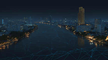 Sunshine in the Smart digital Innovation city with connection network reciprocity over the cityscape. of future smart wireless digital city and social media networking systems that connects