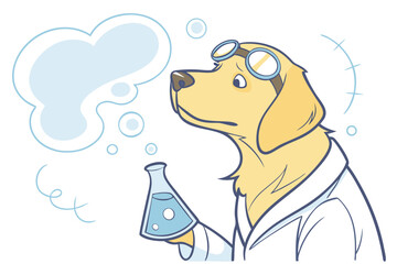 Bewildered Golden Retriever in lab coat and goggles, confused dog scientist watercolor illustration on white