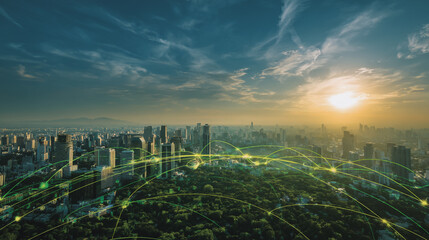 Obraz premium Sunshine in the Smart digital Innovation city with connection network reciprocity over the cityscape. of future smart wireless digital city and social media networking systems that connects