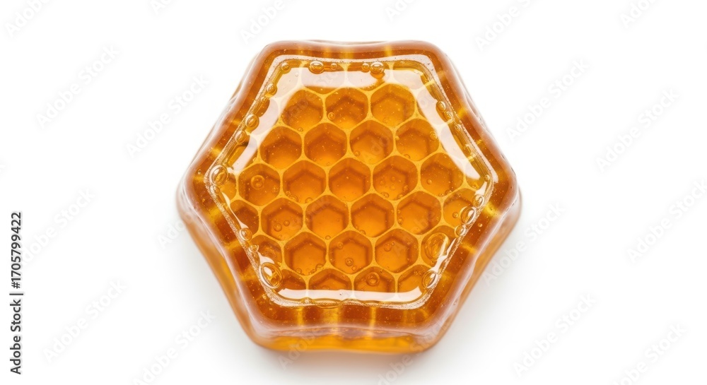 Poster a closeup overhead view of a hexagonal honeycomb filled with golden viscous