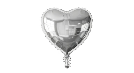 A glossy, silver heart-shaped balloon, isolated against a black backdrop, features a reflective surface that subtly hints at an interior scene.
