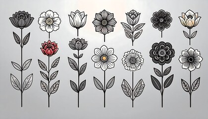 Collection of stylized flowers in various shades of black, white, and red, on light gray background
