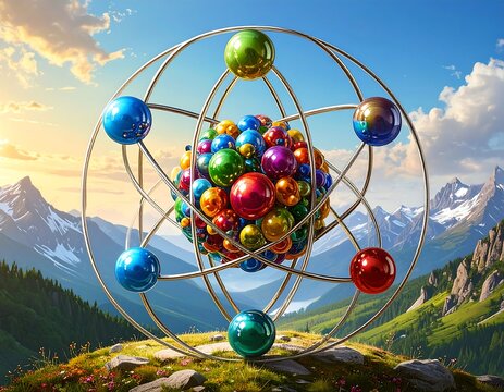Colorful atom model on mountain peak, surrounded by metallic framework, vibrant spheres - Powered by Adobe