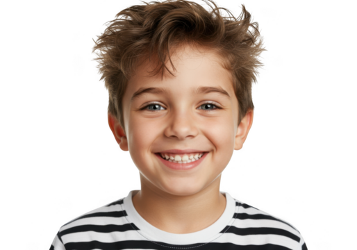 Joyful young boy studio portrait smiling with tousled hair and striped shirt transparent background