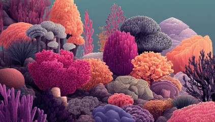 Obraz premium Vibrant, stylized underwater scene featuring diverse coral formations in shades of pink, purple, orange, and gray, suggesting a lush, healthy reef ecosystem