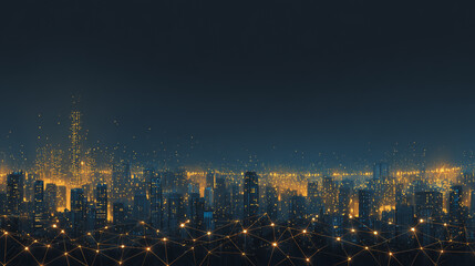 Fototapeta premium Sunshine in the Smart digital Innovation city with connection network reciprocity over the cityscape. of future smart wireless digital city and social media networking systems that connects