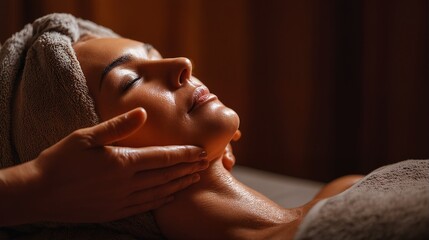 a serene african american woman relaxes with a facial massage at a spa, her face illuminated by warm, soft lighting.