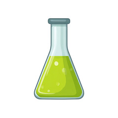 Illustration of cartoon conical flask with green liquid isolated on transparent background