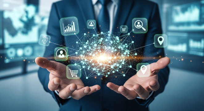 Digital marketing and information about customers. Businessperson holding network structure and customer icons.