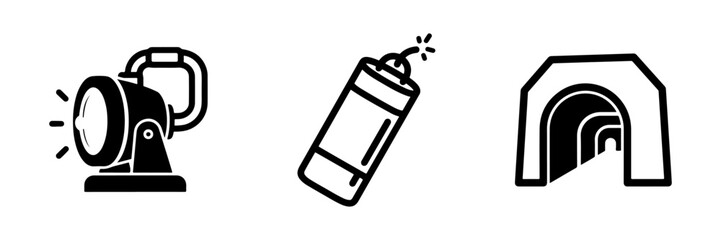 Collection of Black and White Pictograms Featuring Spotlight, Dynamite, and Tunnel