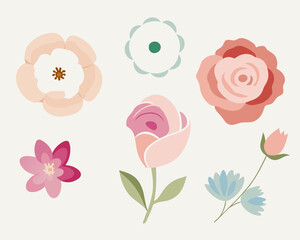 Collection of stylized flowers in soft pastel colors