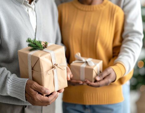 cinematic lifestyle photo, diverse multigenerational family exchanging wrapped gifts