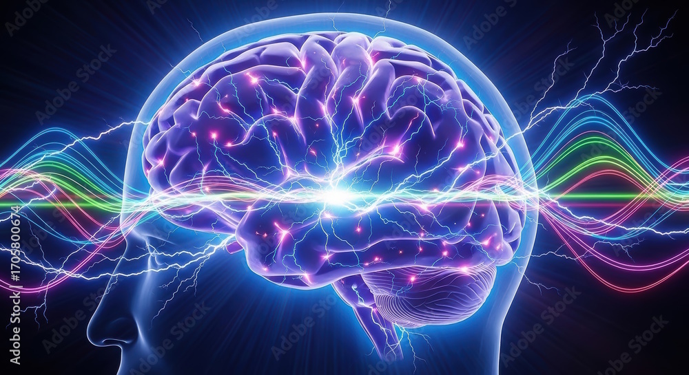 Poster human brain illuminated with vibrant colors and electric impulses, showcasing neural activity and co