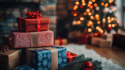stack of colorful gift boxes marked for donation in cozy home interior, holiday lights, giving spirit,