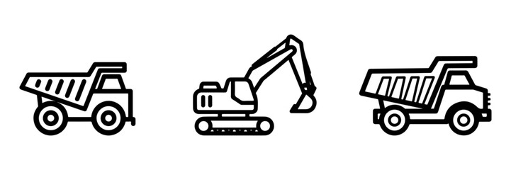 Black and White Outlined Icons of Construction Vehicles, featuring Dump Trucks and an Excavator
