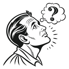 Retro Man in Thought with a Question Mark Comic Book Style Illustration