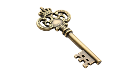 Ornate antique key in a setting, against a dark background, showcases intricate details and a rich antique brass color.