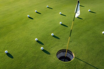 Golf balls arranged in grid around hole on putting green with flagstick and shadows, evoking precision, repetition, and focused training setup