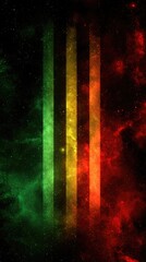 Obraz premium Three vertical, luminous stripes?green, gold, red?shine through a dark, nebula-like background speckled with tiny lights