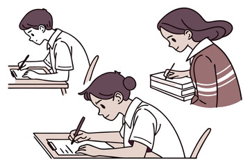 Students Engaging in Writing Activities Depicted in Cartoon Style