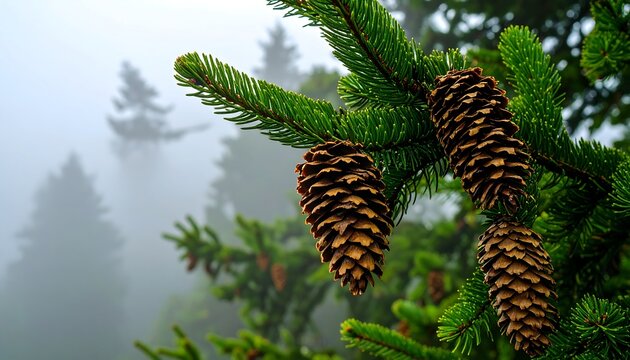 Close-up of pine cones on a branch, misty forest background