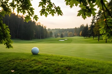 Golf ball on manicured grass with scenic fairways, bunkers, and warm light framed by tree leaves, evoking serenity and sport anticipation