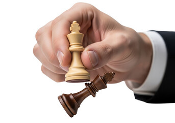 Hand crushing chess king piece isolated on transparent background