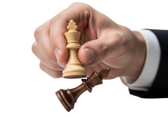 Hand crushing chess king piece isolated on transparent background