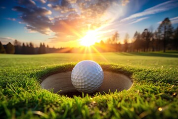 Golf ball at edge of hole under golden sky with sun rays and lush green, evoking anticipation, precision, and cinematic sport resolution