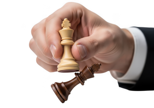 Hand crushing chess king piece isolated on transparent background