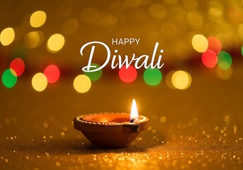 Happy diwali with glowing diya and bokeh lights