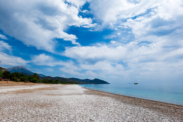 Olympos and Cirali beach and mountain view in Kemer, Antalya, Turkey.