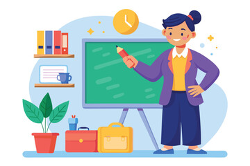 Teacher with Pencil at Chalkboard Classroom Setting Illustration