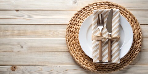 Obraz premium Minimalist Table Setting: White Plate, Woven Placemat, Striped Napkin, Wooden Cutlery