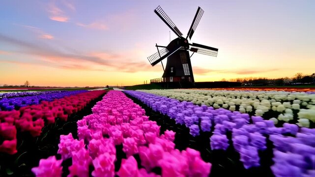 Colorful tulip fields at sunset with a windmill