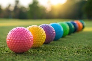 Naklejka premium Colorful golf balls arranged in gradient row on lush grass with sunlit background, evoking playful precision, harmony, and outdoor serenity