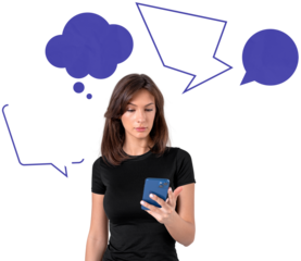 Woman holding smartphone, surrounded by speech and thought bubbles, minimal style, isolated on transparent background, concept of modern communication