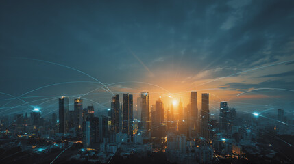 Obraz premium Sunshine in the Smart digital Innovation city with connection network reciprocity over the cityscape. of future smart wireless digital city and social media networking systems that connects 
