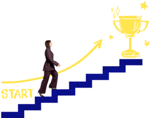 Woman in formal outfit climbing illustrated blue stairs with yellow arrow, trophy and stars, isolated on transparent background, success concept