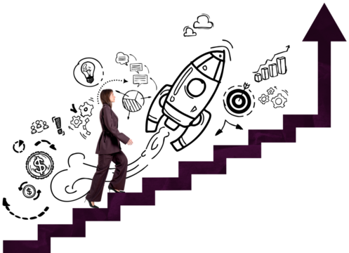 Woman in formal attire walking upward on arrow-shaped stairs, surrounded by startup and success doodles, isolated on transparent background - Powered by Adobe