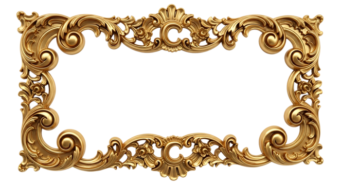 Ornate gold decorative frame with intricate carvings on a black background. - Powered by Adobe
