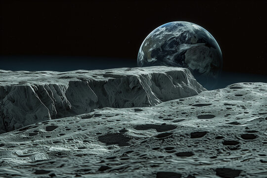 Lunar Orbit Telephoto View of Crescent Earth with Crater Ridge Texture, Rim-Lit against Dark Sky