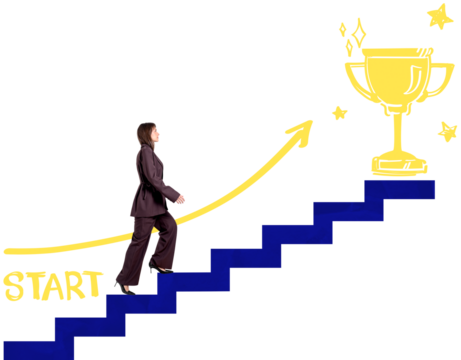 Woman in formal outfit climbing illustrated blue stairs with yellow arrow, trophy and stars, isolated on transparent background, success concept