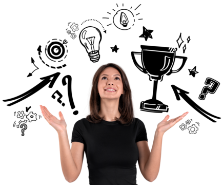 Smiling woman looks up surrounded by trophy, lightbulb, arrows, question marks, and gears in a creative sketch style on transparent background concept of success
