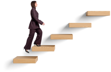 Businesswoman climbing wooden steps, realistic style, isolated on transparent background. Concept of progress, success, development, and ambition